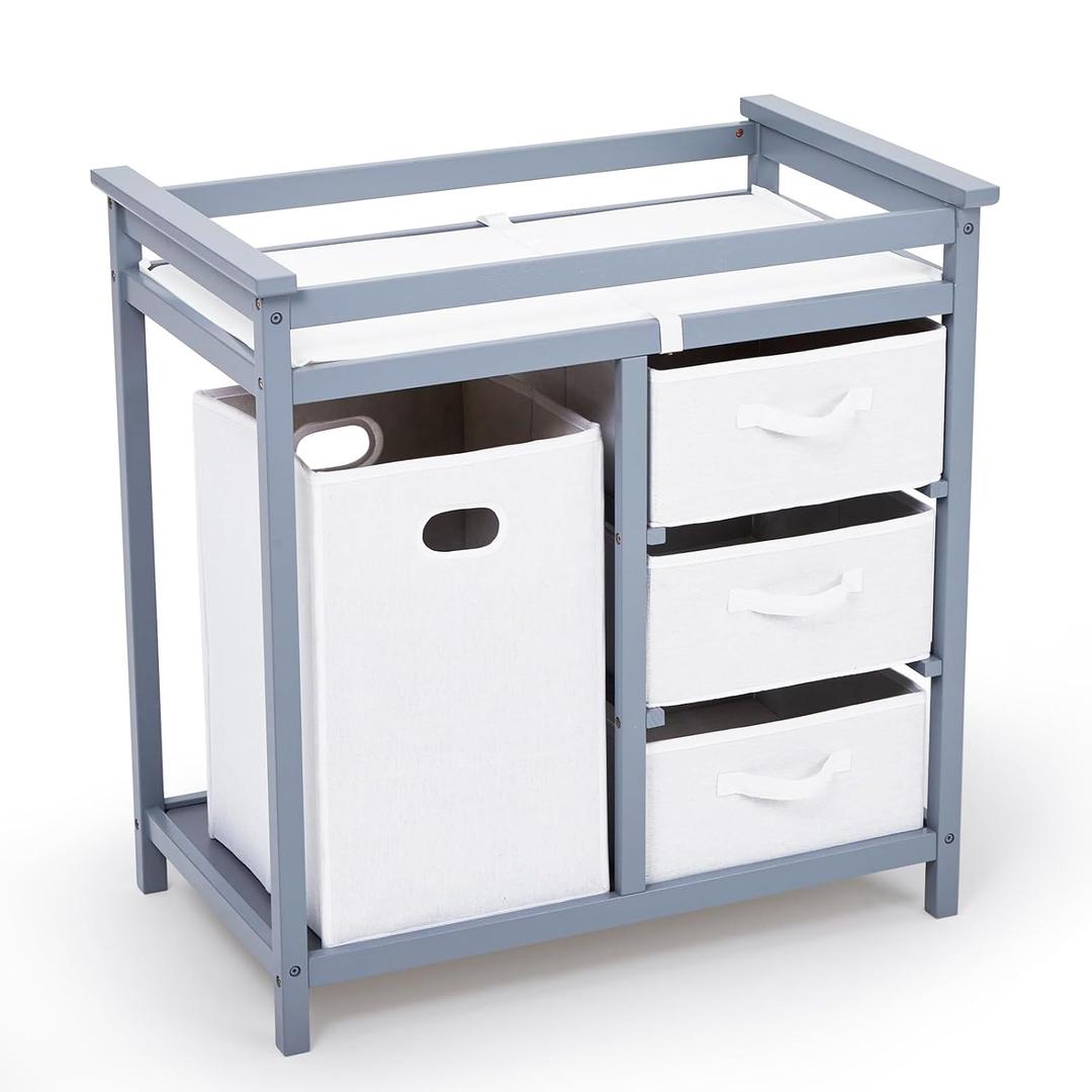 Wooden Baby Changing Table, Diaper Changing Table, Infant Diaper Changing Station Dresser with Laundry Hamper, 3 Drawer Basket and Changing Pad (Grey)
