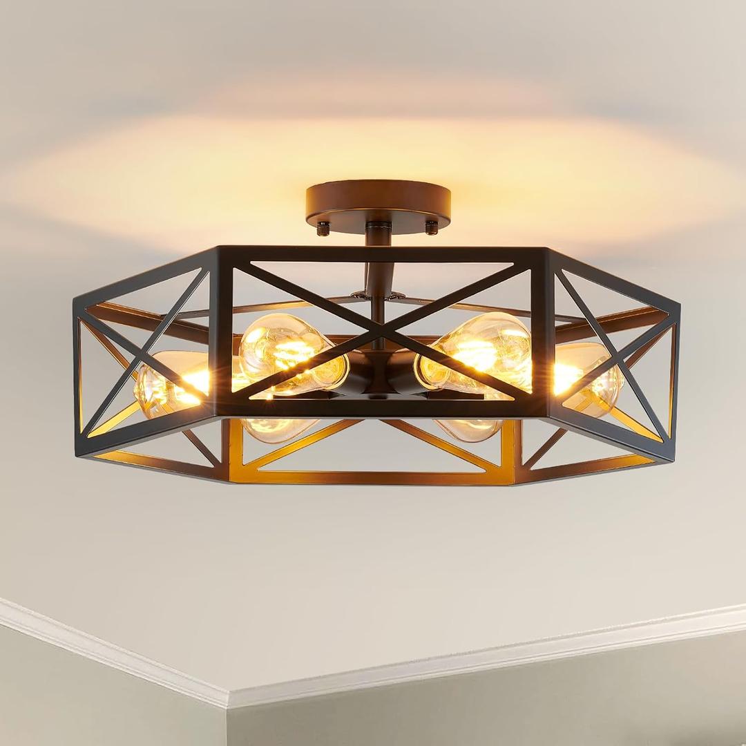 XSDeTu Industrial Semi Flush Mount Ceiling Light, 6 Light Modern Metal Close to Ceiling Light Fixture, Farmhouse Light Fixtures Ceiling Mount, Black Chandelier for Kitchen, Dining Room, Hallway