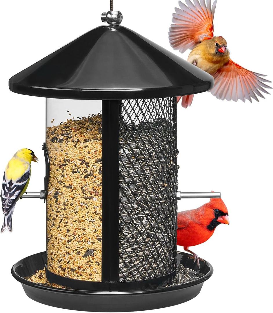 Kingsyard Metal Bird Feeder for Outdoor Hanging - Chew Proof Wild Bird Finch Cardinal Feeder with Dual Chamber of 4 lbs Capacity for Bluebird, Black