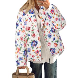 Tankaneo Womens Puffer Quilted Jacket Lightweight Floral Print Button Down Long Sleeve Patchwork Outwear Coats Small