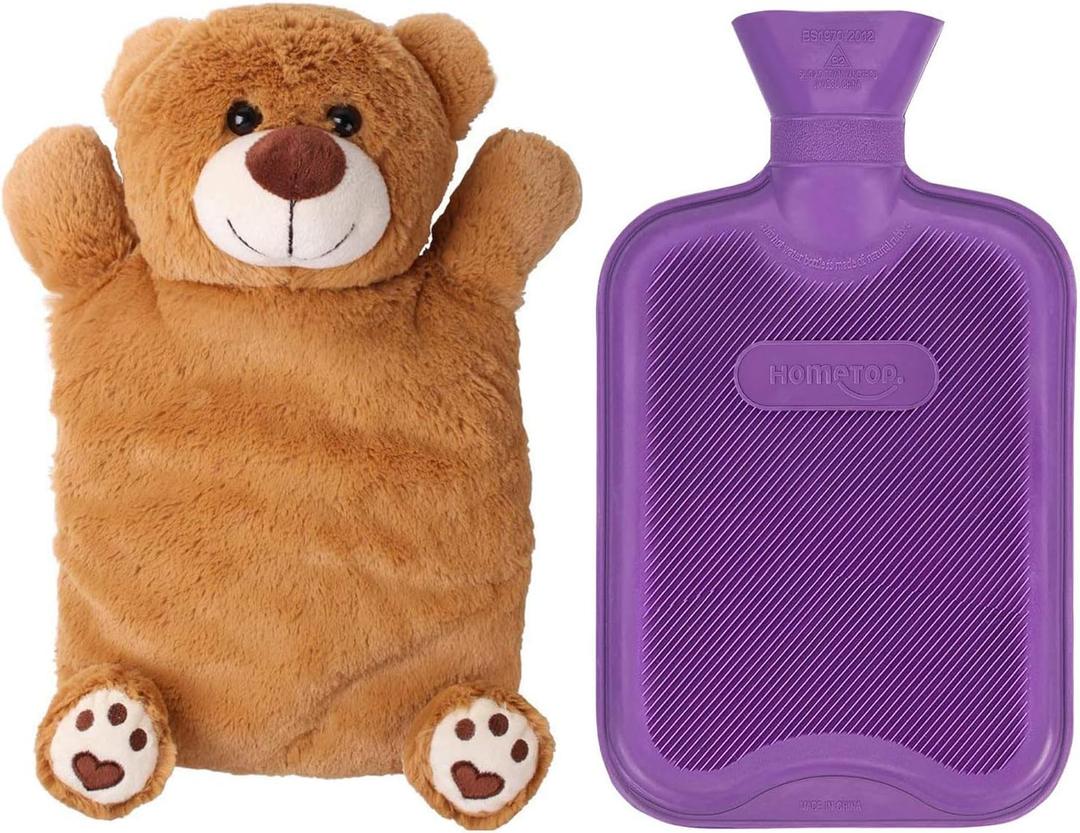 HomeTop Premium Classic Rubber Hot or Cold Water Bottle with Cute Stuffed Bear Cover (67.63 Fl Oz (Pack of 1), Purple)