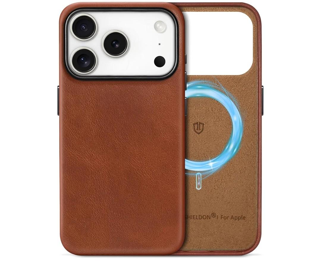 SHIELDON Genuine Leather Case for iPhone 17 Pro 6.3" 2025, Compatible with Magsafe, Magnetic Wireless Charging, Anti-Scratch, Shockproof Protective Cover - Retro Brown