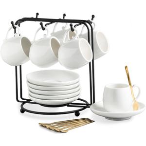 LYEOBOH Espresso Cups with Saucers Set, 3 Ounces Coffee Cups with Metal Stand and Spoons, Ceramic Cappuccino Coffee Cups Demitasse Cups for Espresso, Latte, Cafe Mocha and Tea, Set of 6, White