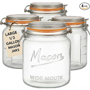 kitchentoolz Large Glass Mason Jars with Airtight Lids  Half Gallon Food Storage & Canning Jars with Measurement Markings  Kitchen Pantry Containers for Flour, Sugar & Dry Goods  64 oz (4pk)