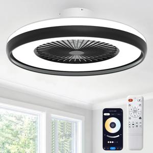 Bladeless Ceiling Fan with Light, 24'' Flush Mount Low Profile Ceiling Fans with Remote & APP Control, 2700-6500K CCT Adjustable, 6 Speeds Dimmable Fan Light for Kids Room, Bedroom, Small Dining Areas