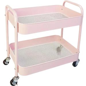 2 Tier Pink Rolling Cart with Wheels for Under Desk Storage, Large Capacity Rolling Pantry & Kitchen Storage Cart for Small Space, Sturdy Metal Bathroom Shelf Laundry Room Organization