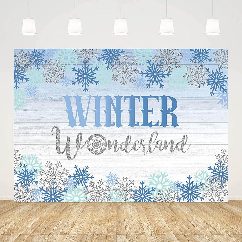 8x6ft Winter Wonderland Backdrop for Boy Rustic Wood Blue Snowflakes Photography Background Baby Boy Birthday Baby Shower Party Decorations Winter Photo Banner Props