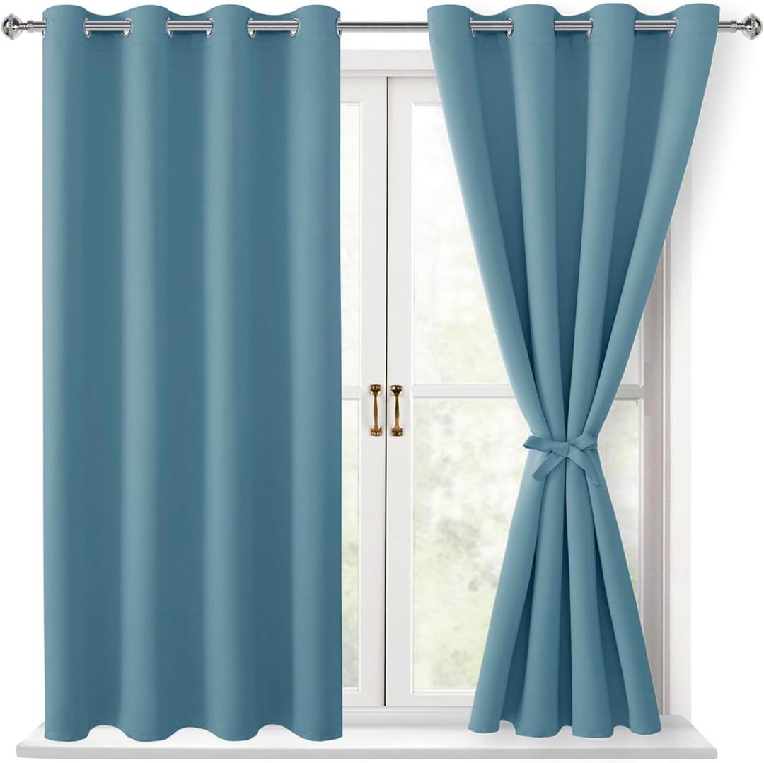 Hiasan Blackout Curtains for Bedroom, 52 x 54 Inches Long - Thermal Insulated & Light Blocking Window Curtains for Living Room, 2 Drape Panels Sewn with Tiebacks, Stone Blue