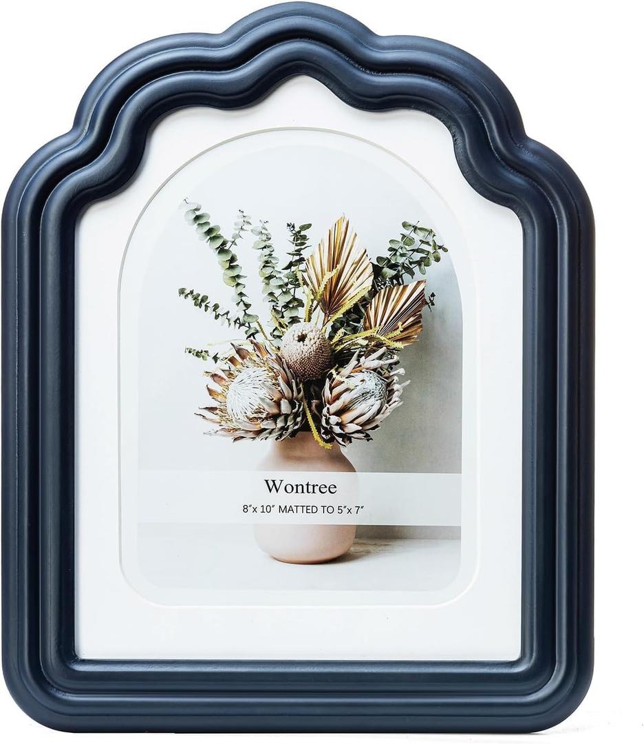 8x10 Blue Arch Picture Frame with Curved Scalloped Edge Design, Solid Wood with Real Glass, Matted to 5x7, Vertical for Tabletop Display Photo Frame