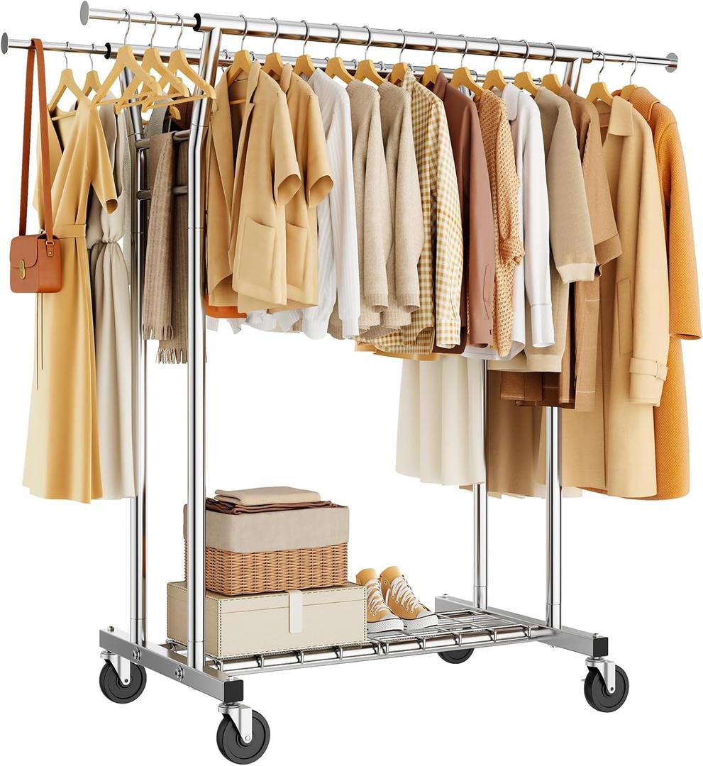 HYSEYY Heavy Duty Clothes Rack, Rolling Clothing Rack for Hanging Clothes with Shelves Load 700LBS,Portable Garment Wardrobe Closet Rack with Wheels for Bedroom,Laundry Room,Retail Store,Silver