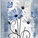 MYUSRE Farmhouse Blue Floral Wall Art for Living Room, Blue and White Daisy Butterfly on Abstract Geometric Canvas Wall Art Country Flower Pictures for Bedroom Bathroom Home Decor, 16L X 12W inches