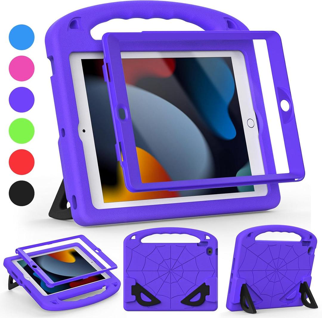 Kids Case for iPad 9th/8th/7th Generation (10.2 Inch, 2021/2020/2019 Release), with Built-in Screen Protector and Kickstand, Shockproof Lightweight Handle Cover for i Pad 9/8/7 Gen, Purple