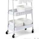 3-Tier Rolling Utility Cart with 4 Woven Baskets, Diaper Book Snack Cart, Storage Organizer for Nursery, Kitchen, Craft Room, Home SPA, Living Room, Metal Frame Trolley on Lockable Wheels, White