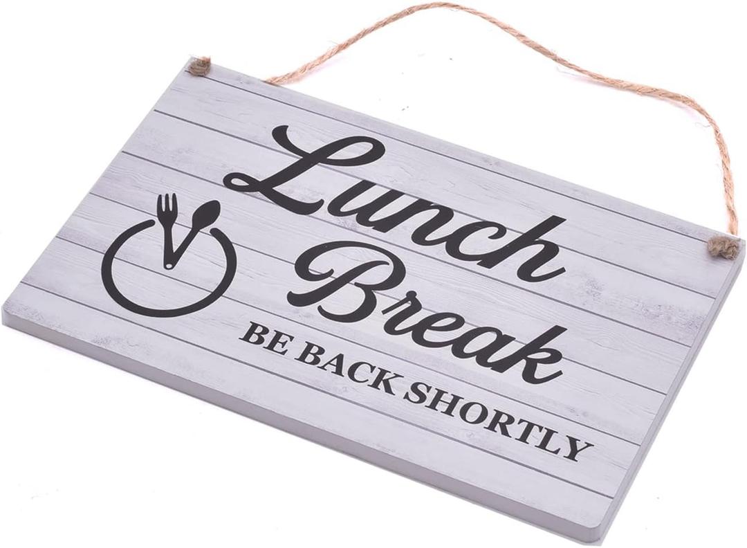 Lunch Break Hanging Sign - Be Back Soon Notice (White Wood) - Small size, 5.7" x 3.5"