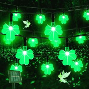Green Shamrock Solar Garden String Lights for St. Patricks Day Outside Decorations,50LED Solar Shamrock Lights Lucky Irish Day Gifts Decor,Solar Pathway Lights for Yard Home Spring Decor