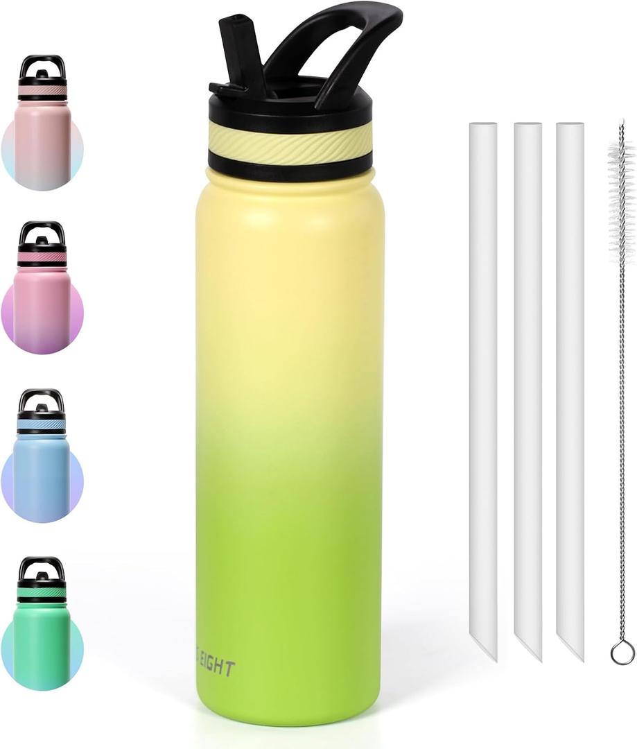 32 oz Insulated Water Bottle With Straw, Double Wall Vacuum Wide Mouth BPA Free Leak-Proof for Sports, Gym or Office, BPA-Free Keep Cold 18H Hot 12H (Yellow-Green)