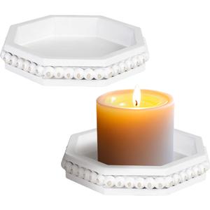 Candle Pedestal for Pillar Candle Set of 2, Rustic Round Wood Tray Beaded Risers, Farmhouse Wood Beaded Tray for Tiered Tray Candle, Mug Display Decorative, Table Centerpiece, Antique White