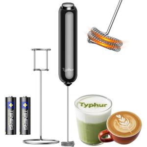 InstaWhisk Milk Frother with Variable Speed, Battery Operated Handheld Coffee Foam Frother Wand, Electric Drink Mixer with Stand & Detachable Double Whisk, Stainless Stirrer for Latte, Matcha, Protein (Black)