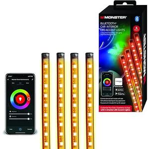 Monster Multicolor Bluetooth Car Interior LED Accent Lights, Customizable with Downloadable Phone App, Easily Fits to Anywhere with Adhesive Backing, Directly Powered from DC Port Via Adapter, 4-Pack