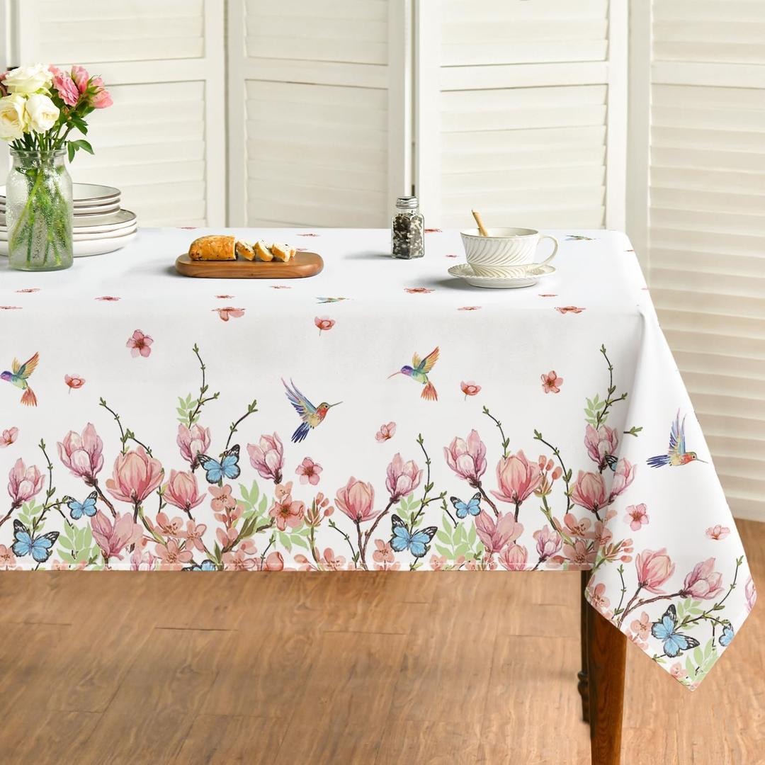 Horaldaily Spring Tablecloth 6084 Inch Rectangular, Hummingbird Butterfly Flower Washable Seasonal Table Cover for Party Picnic Dinner Decor