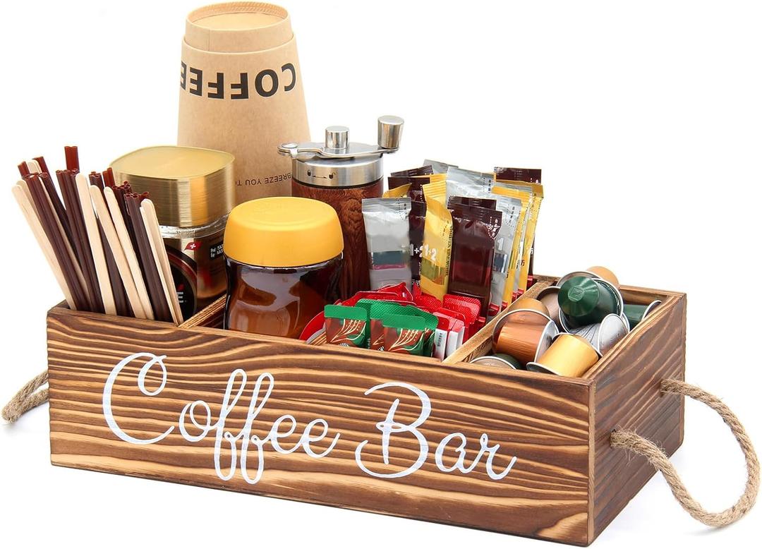 Bokelai Wooden Coffee Bar Organizer Countertop Coffee Station Accessories Storage Basket With Handle Removable Dividers Pods Kcup Holder Farmhouse Decor Caddy for Coffee and Tea Lover