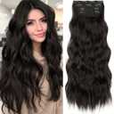 KooKaStyle Clip in Synthetic Hair Extensions Long Wavy 4PCS Thick Hairpieces Dark Brown 6# Fiber Double Weft Natural Hair Extensions 24 Inch for Women (Rich Dark Brown Silky Shine)