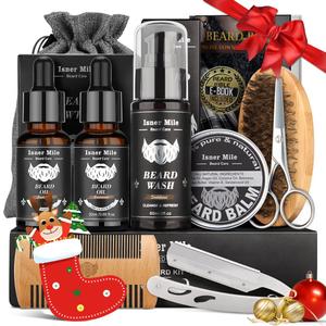 Isner Mile Beard Grooming Kit for Men Care: Trimming Sets with Beard Wash - Oil - Balm - Brush - Comb & Straight Razor, Birthday Christmas Gifts Mens Stocking Stuffers for Him Boyfriend Dad Husband