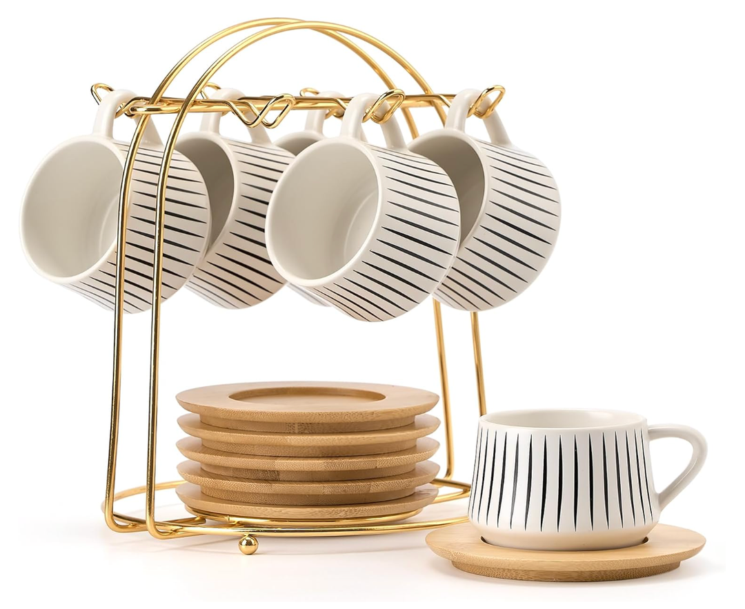 LUKA Ceramic Coffee Espresso Cups with Saucers Set with Metal Holder, 4.4 oz Porcelain Demitasse Cups For Tea, Espresso, Latte, Coffee, Cafe Mocha, Set of 6, White