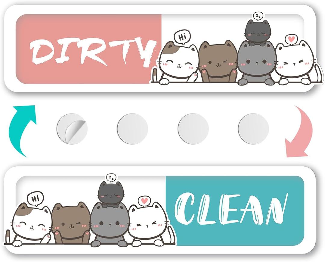 Cute Cat Acrylic Dishwasher Magnet Clean Dirty Sign, Kitchen Organizers and Storage Decor Accessories, Non-Scratch, Easy to Read & Slide, Strong Magnetism -Extra Adhesive Tapes for Non-Metal Surfaces (Red/Blue)