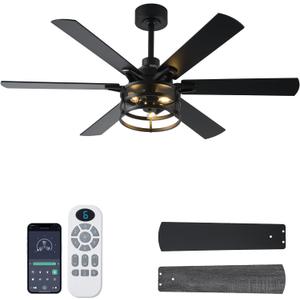 52 Inch Farmhouse Ceiling Fan with Light and Remote, Black Industrial Caged Rustic Ceiling Fan with 6 Speed Reversible Motor and Dual Finish 6 Blades, Rustic Ceiling Fan for Living