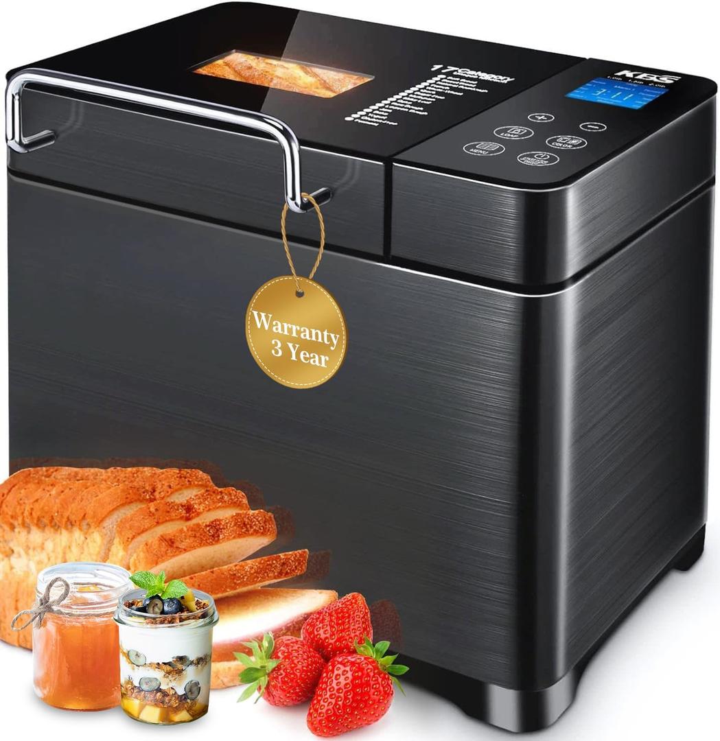 KBS 17-in-1 Bread Maker-Dual Heaters, 710W Machine Stainless Steel with Gluten-Free, Dough Maker,Jam,Yogurt PROG, Auto Nut Dispenser,Ceramic Pan& Touch Panel, 3 Loaf Sizes 3 Crust Colors,Recipes