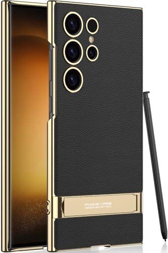 SOUTEM for Samsung Galaxy S24 Ultra Vegan Leather Case with 4 Modes Adjustable Kickstand,Thin Flexible Soft Grip Luxury Vegan Slim Protective Shockproof Phone for Samsung Galaxy S24 Ultra(Black)