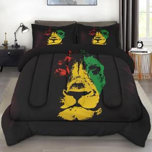 Comforter Set Twin Size, Lion African Yellow Soft 2 Pcs Bedding for Kids and Adults, Green Red Black Rasta Comforter Set with Pillowcase, for Bedroom Bed Decor