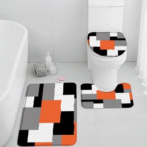 Orange Black Grey White Bathroom Rugs Abstract 3D Geometric Mid Century Absorbent Soft 3 Pieces Set Toilet Lid Cover Pedestal Rugs U-Shaped Non-Slip Carpet Floor Decor (45 x75 Inch-3PCS)