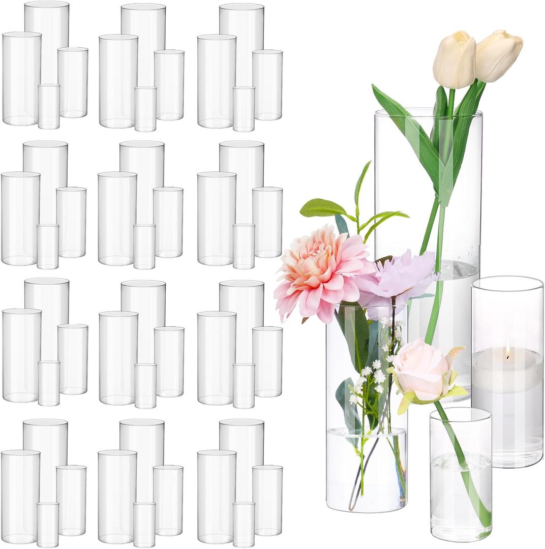 Fixwal 48pcs Clear Glass Cylinder Vases, 4, 6, 8, 10 Inch Tall Cylinder Vases for Centerpieces, Glass Flower Vase, Hurricane Floating Candle Holder Vase for Table Shelf, Party, Wedding, Home Decor