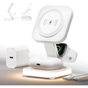 5-in-1 Magnetic Wireless Charging Stand for Apple MagSafe Charger with Night Light for iPhone 17/16/15/14/13/12, Watch, AirPods, Travel Magnetic Charger Nightstand Charging Station (Adapter Included) (White)