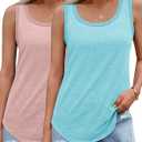 Womens Tank Tops 2 Pack Summer 2025 Basic T-Shirts Crew Neck Loose Fit Cami Shirts Sleeveless Outfits (Blue, L)
