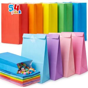 VGOODALL 54 Pack Colored Paper Bags with Stickers - 8.7"x4.7"x3.1" Rainbow Goodie Bags in 9 Vibrant Colors, for Wedding, Kids Birthday, Baby Shower & Gift Packaging