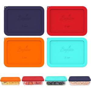 Sophico 3 Cup Rectangle Silicone Storage Cover Lids Replacement for Pyrex 7210-PC Glass Bowls, Container not Included (MIX, 4 Pack)