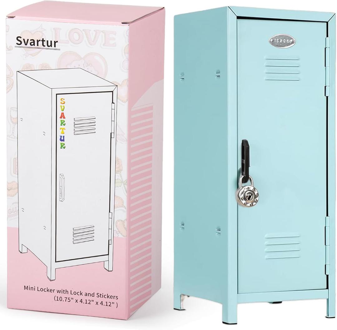 Svartur Mini Locker with Lock & Keys, Stickers, Metal Small Locker for Desktop, Girls Lockbox Desktop Storage Organizer, Money Safe and Cash Lock Box for Girls Safe, Light Blue