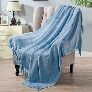Pack of 2 BYTIDE Chenille Knitted Throw Blankets with Fringe Tassels, Velvety Soft Textured Lightweight Afghan Mexican Decorative Throw Blankets for Couch Bed Sofa Chair Outdoor (Dark Pastel Blue 50 x 60 in)
