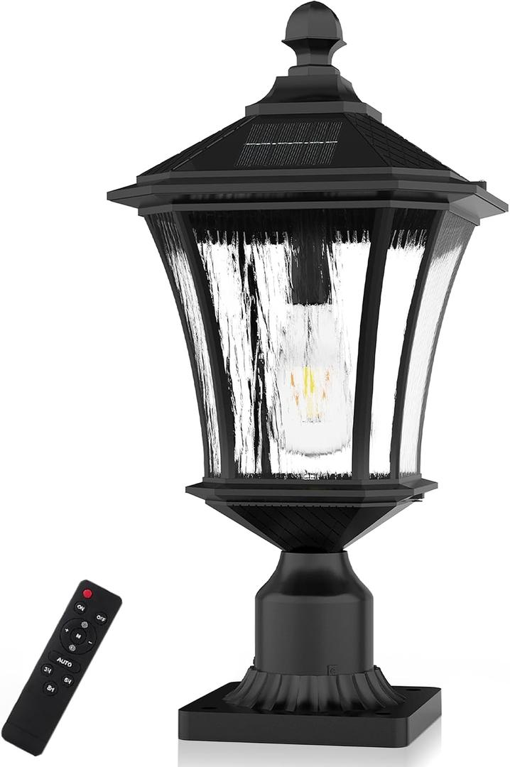 Lovus Solar Post Lights with Pier Mount Base, 19'' H Aluminum Solar Lamp Post Light, 2700K/4000K/6000K Dusk to Dawn LED Pole Lights Outdoor for Pathway Pillar Yard Patio, Remote Control, Black-1PACK, 3CCT1PackRemote