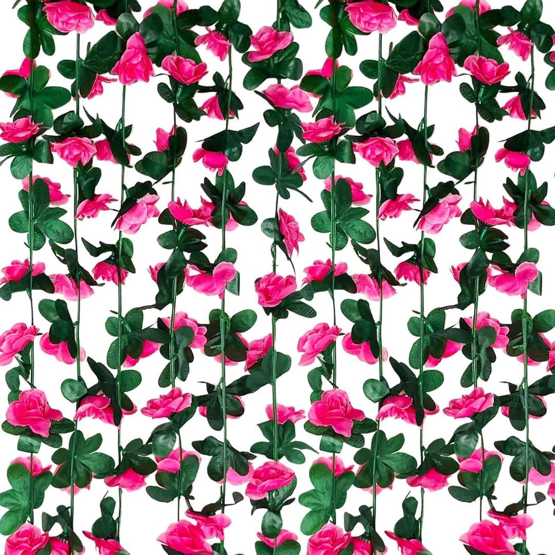 8Pcs 63Ft Fuchsia Rose Garland, Fake Flower Vines, Artificial Vine Flowers, Rose Hanging Garland for Party Wedding, Garden, Room Table, Christmas, Backdrop Wall Arch Decor