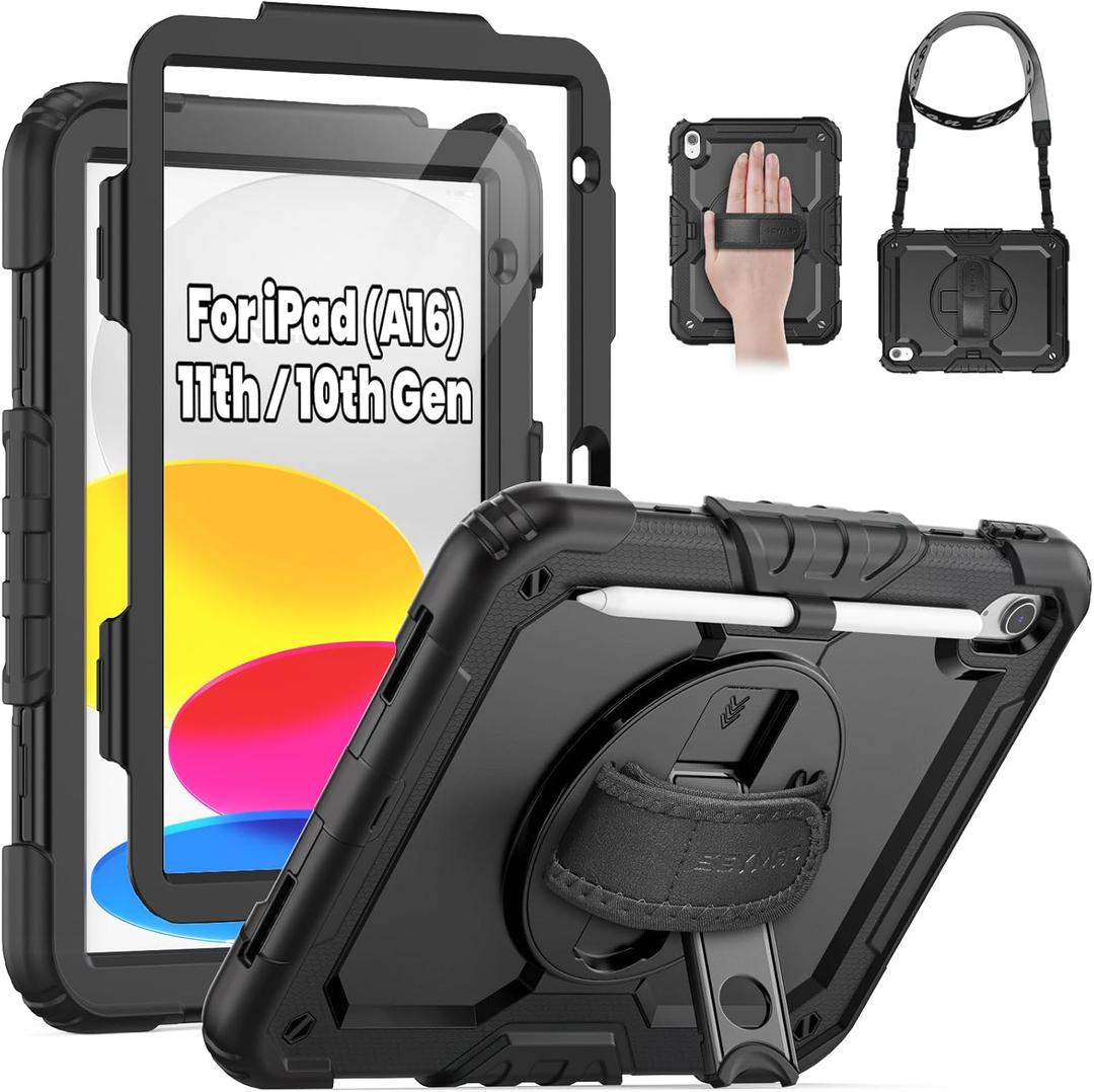 SEYMAC for iPad (A16) 11th/10th Generation Case 2025/2022 (11/10.9), Sturdy Heavy Duty Full-Body Shockproof Protective Case with Screen Protector, Rotating Stand, Hand/Shoulder Strap, Black