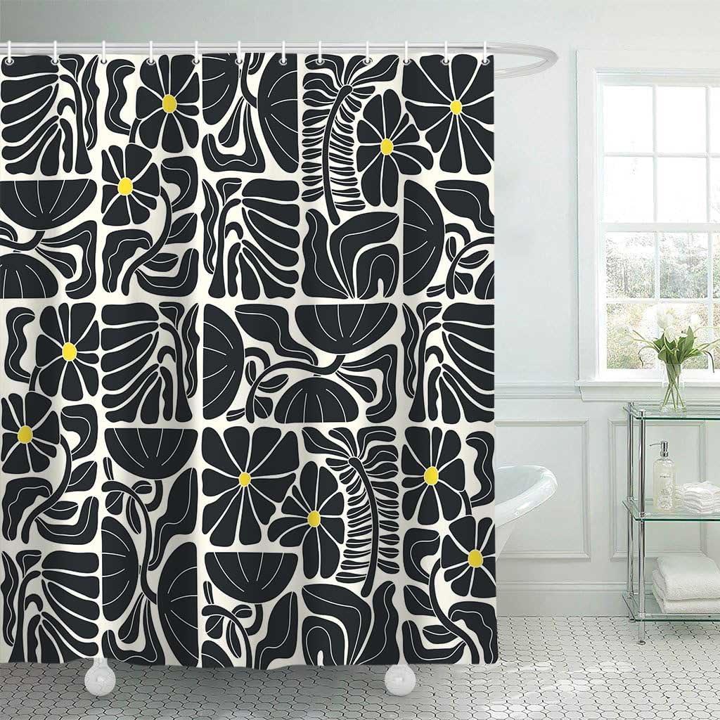 Boho Abstract Colorful Floral Shower Curtain, Vintage Retro Patchwork Black Flower Botanical Geometric Aesthetic Groovy Bathroom Decor Shower Curtain Set with 12 Hooks, 70X70IN