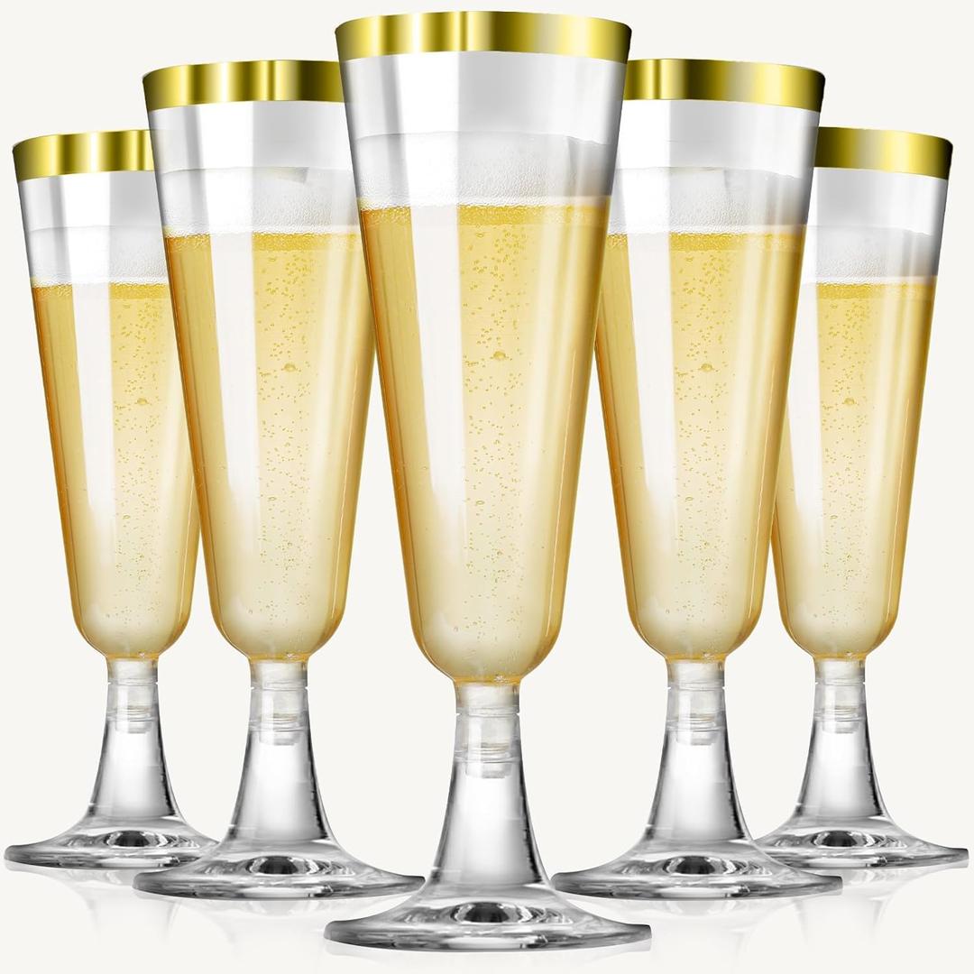 SUREHOME Champagne Flutes Plastic Champagne Glasses Disposable 100 Pack 5 Oz Gold Rim Mimosa Glasses Acrylic Wedding Toasting Cocktail Cups for New Years Eve Party Supplies 2026 New Years Decorations