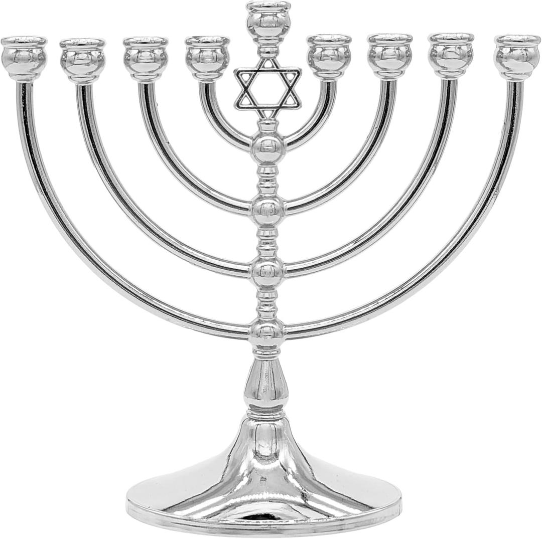 The Dreidel Company Hanukkah Menorah with Traditional Star Polished Aluminum Finish, Full Size 7 Inches Tall