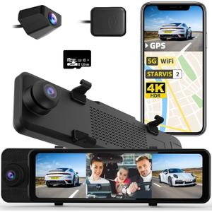 3 Channel Rear View Mirror Camera, 4K+1080P+1080P Front Inside and Rear Car Camera, 12" Touch Screen Backup Camera with 5GHz WiFi GPS, 24H Parking Mode, HDR Night Vision, G Sensor, Free 128G Card