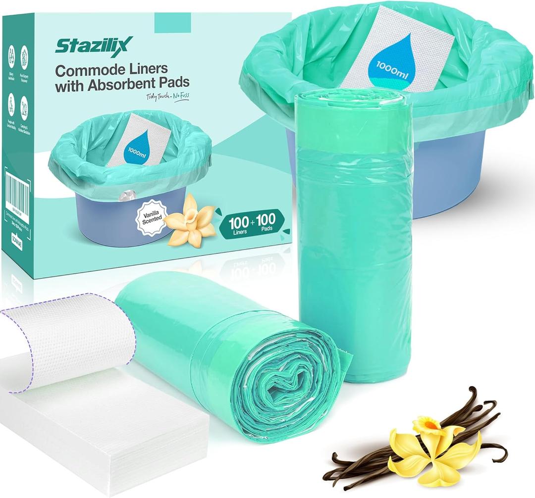 Bedside Commode Liners with Absorbent Pads, Extraordinary Thick (40 Mil), Potty Chair Liners – 100 Liners + 100 Super Absorbent Pads, Leak-Proof, Gel-Lock Absorbent Core, Drawstring Closure