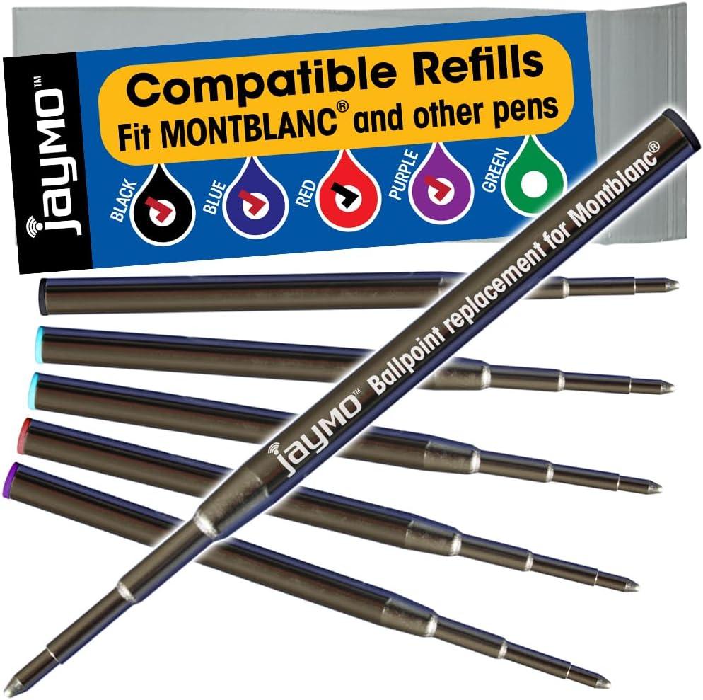 Jaymo Replacement for Montblanc 128211/128214/116215/116218 - Measures 3.875 in / 98 mm Long - Ballpoint Pen Refill - 2 Black + 2 Blue + Red + Purple
